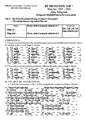 Đề thi olympic môn Tiếng Anh Lớp 7 - Năm học 2013-2014 - Phòng GD & ĐT Thanh Oai